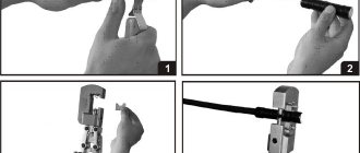 Stages of crimping an electrical wire with a sleeve